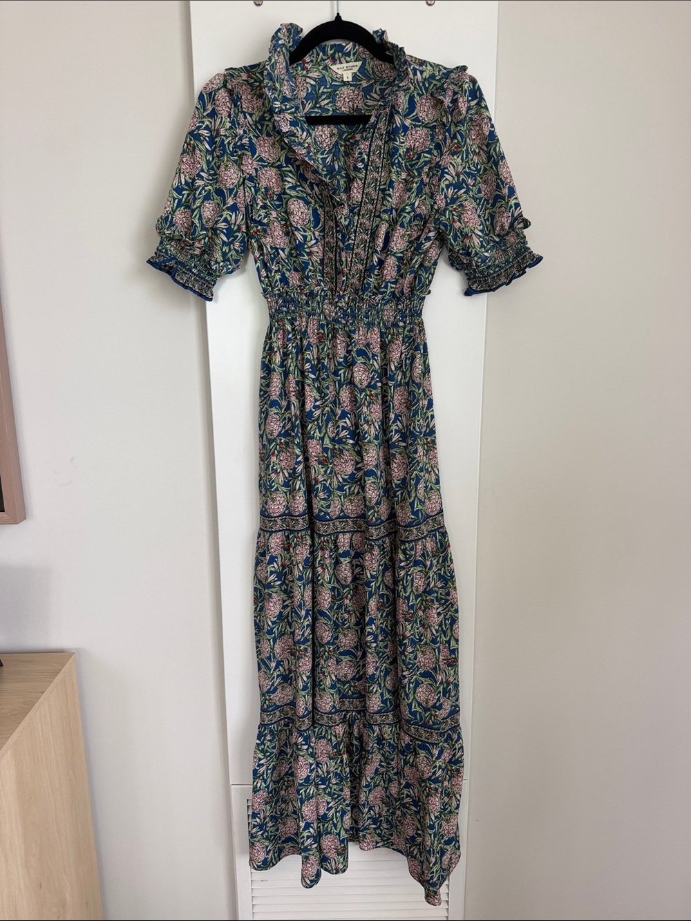Max Studio Navy and Pink Floral Tiered Maxi Dress